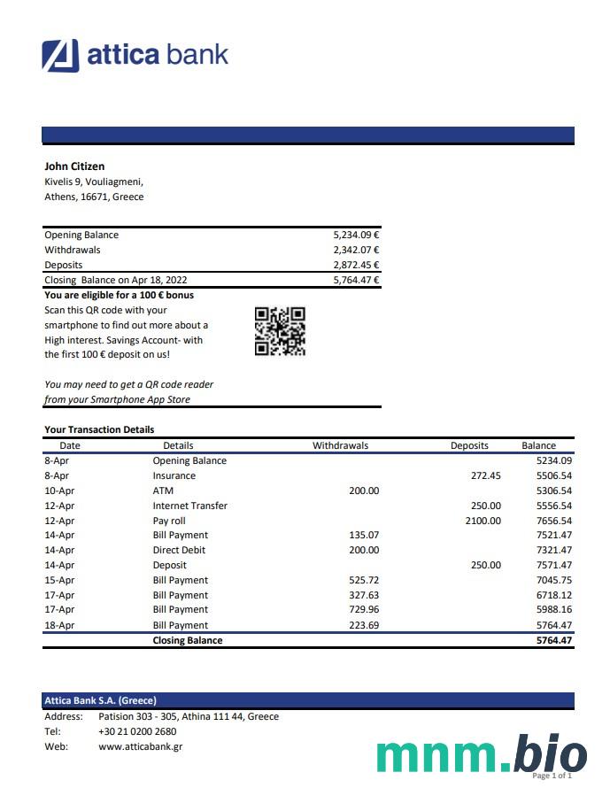 Grecja Attica wzór wyciągu bankowego, Word i PDF format